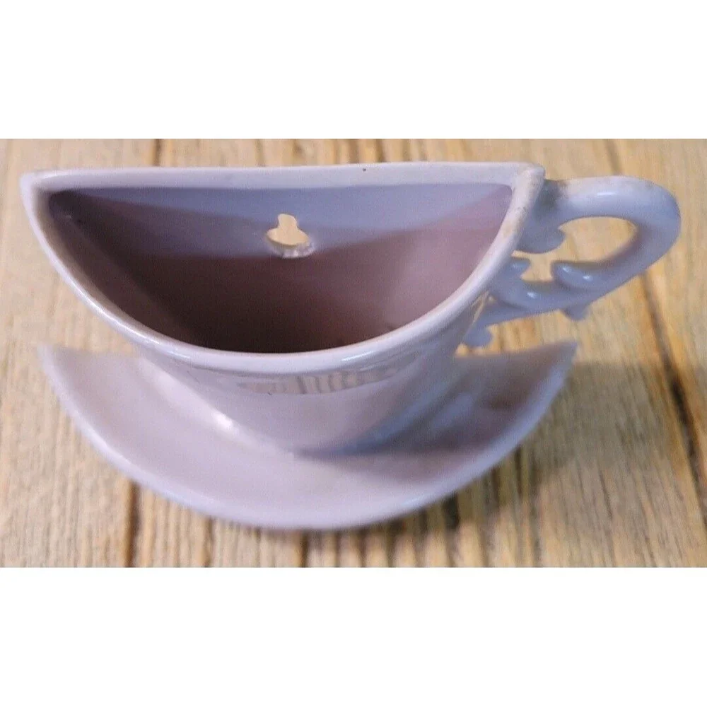 Vintage Unmarked Maker Lavender Pottery Cup and Saucer Wall Pocket, Wall Vase